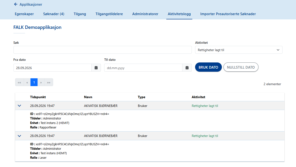 Applikasjonens aktivitetslogg viser logginnslag for tilgangene som brukeren har fått tildelt.